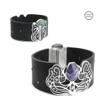 Srebrna szeroka bransoleta ze skóry z ametystem