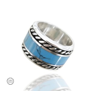 Szeroka, srebrna obrączka z turkusem, srebro 925